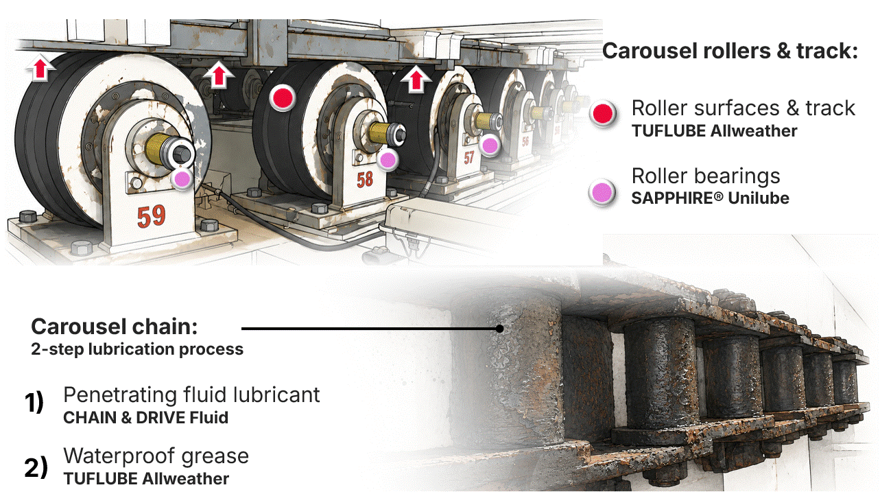 Horizontal carousel reel lubrication diagram showing carousel rollers, track, roller bearings and carousel chain lubrication points